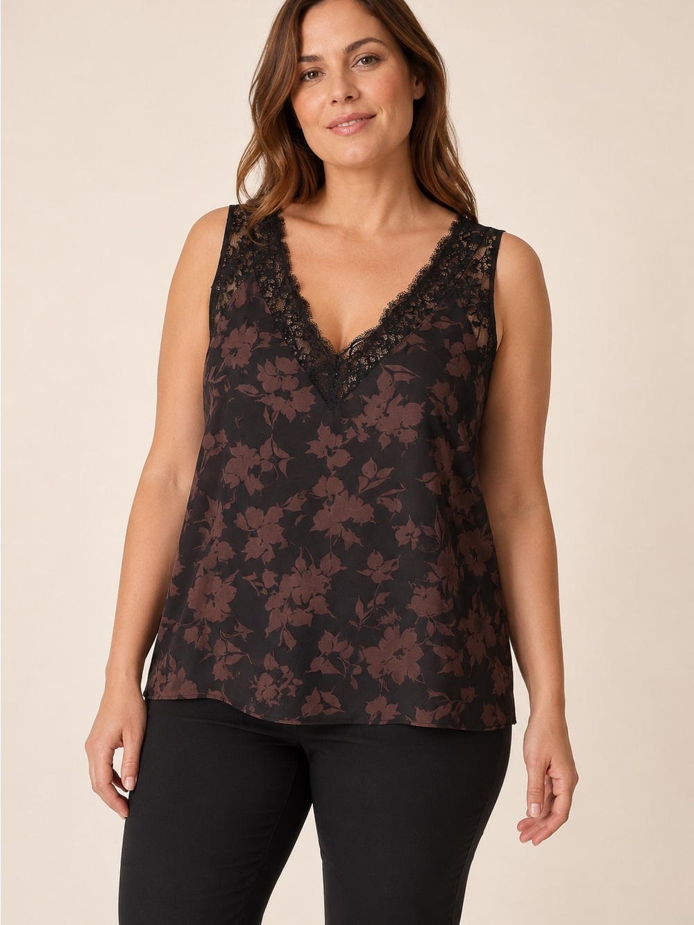 Ricki’s Floral Lace Trim Sleeveless Blouse Black Brown XL